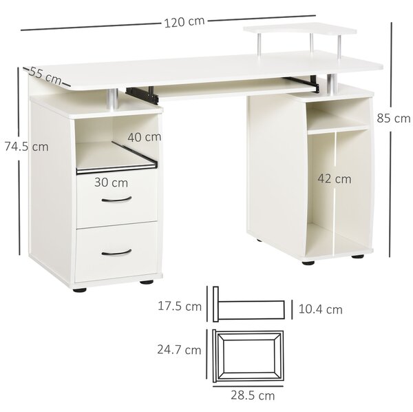 HOMCOM Birou PC din PAL și Oțel Alb cu Tastatură și Raft Monitor, Spațiu Generos de Lucru, 2 Sertare, Design Modern, 120x55x85 cm | Aosom Romania