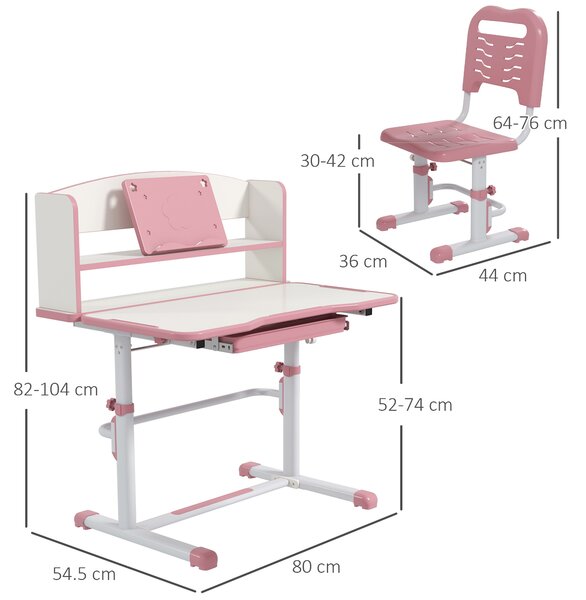 Set Birou si Scaun pentru Copii Reglabil in Inaltime cu Sertar, Raft pentru Carti, pentru 6-12 ani - Roz ZONEKIZ | Aosom Romania