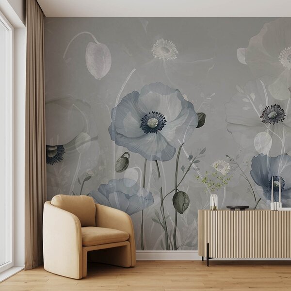 Tapet Poppies mari albastre pe un fundal gri acuarelă, Fototapet Flori, w08626 : Uwalls.ro