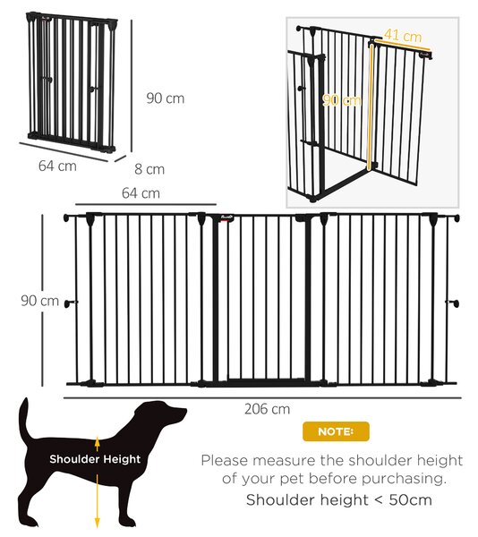 PawHut Poartă pentru Câini cu 3 Panouri și Sistem Dublu de Închidere, Barieră pentru Câini pentru Scări, Uși, Holuri, 206x90 cm, Negru | Aosom Romania