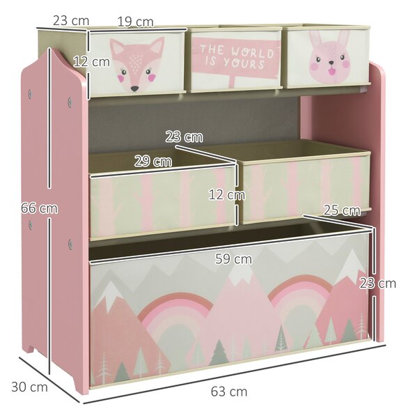 Raft mobil ZONEKIZ pentru jucării cu 6 containere detașabile din material textil, 63x30x66cm, de culoare roz | Aosom Romania