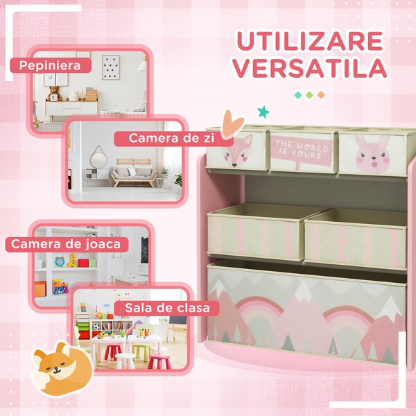 Raft mobil ZONEKIZ pentru jucării cu 6 containere detașabile din material textil, 63x30x66cm, de culoare roz | Aosom Romania