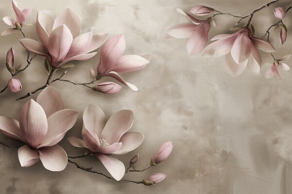 Tapet Delicate magnolii roz pe un perete de beton în tonuri sepia, Fototapet Flori, w08636v2 : Uwalls.ro