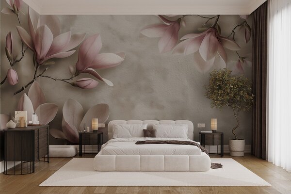 Tapet Delicate magnolii roz pe un perete de beton în tonuri sepia, Fototapet Flori, w08636v2 : Uwalls.ro