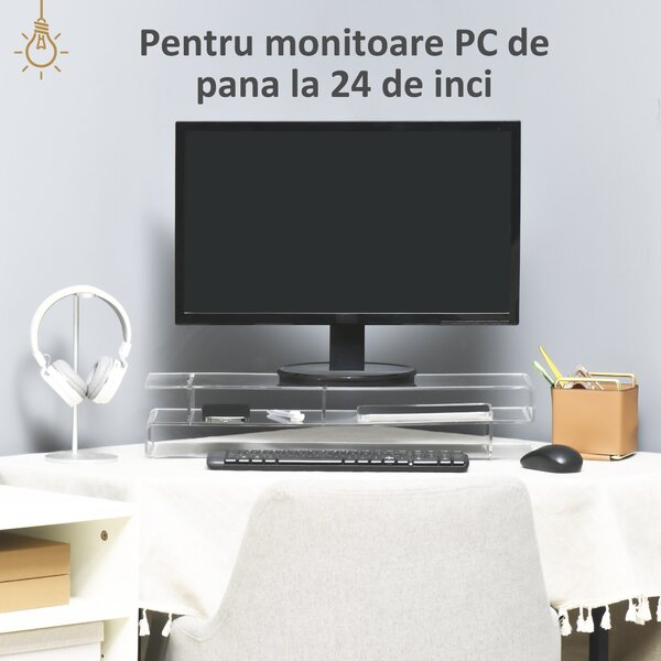 HOMCOM Suport Monitor Acrilic cu Spațiu pentru Tastatură, Organizator Birou Multifuncțional, Transparent, 50.8x19x12 cm | Aosom Romania