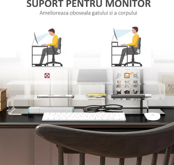 HOMCOM Suport Monitor Acrilic cu Spațiu pentru Tastatură, Organizator Birou Multifuncțional, Transparent, 50.8x19x12 cm | Aosom Romania