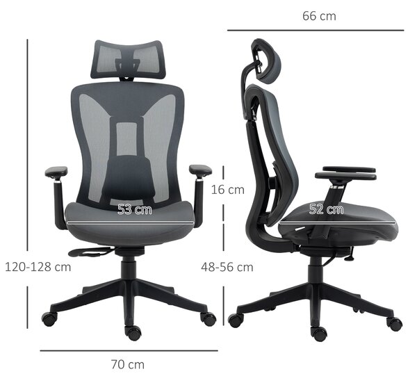 Vinsetto Scaun de Birou din Plasă Inclinabil cu Tetiera Reglabilă Suport Lombar Cotiere 3D Roti Pivotante Gri | Aosom Romania