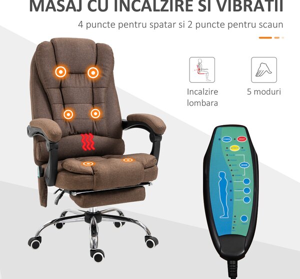 Vinsetto Scaun cu masaj de birou, cu 6 Puncte de Vibrație și Încălzire, Scaun Birou Reglabil pe Înălțime, 65x70x111-119 cm, Maro | Aosom Romania