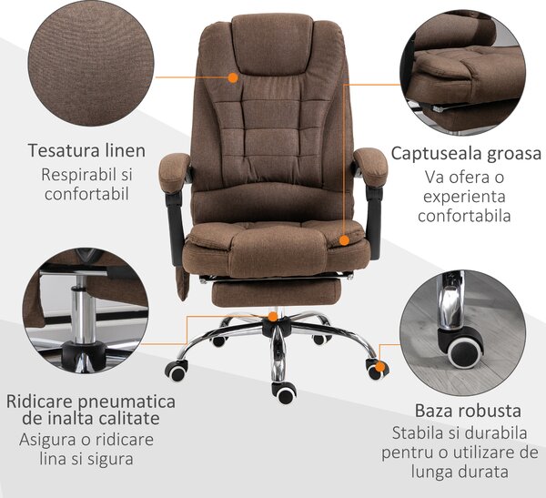 Vinsetto Scaun cu masaj de birou, cu 6 Puncte de Vibrație și Încălzire, Scaun Birou Reglabil pe Înălțime, 65x70x111-119 cm, Maro | Aosom Romania