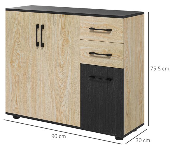 Bufet modern cu 2 dulapuri și 2 sertare, bufet de bucătărie cu raft reglabil, 90x30x75,5 cm, de culori nuc și negru HOMCOM | Aosom Romania