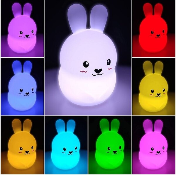Lampa de veghe iepuras, 10 moduri iluminare, 9 culori diferite, telecomanda inclusa, intrare USB, 0,5W, 15x11x11 cm, silicon alb