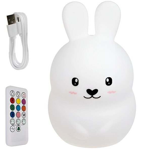 Lampa de veghe iepuras, 10 moduri iluminare, 9 culori diferite, telecomanda inclusa, intrare USB, 0,5W, 15x11x11 cm, silicon alb
