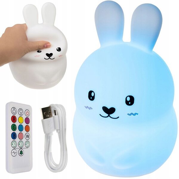 Lampa de veghe iepuras, 10 moduri iluminare, 9 culori diferite, telecomanda inclusa, intrare USB, 0,5W, 15x11x11 cm, silicon alb