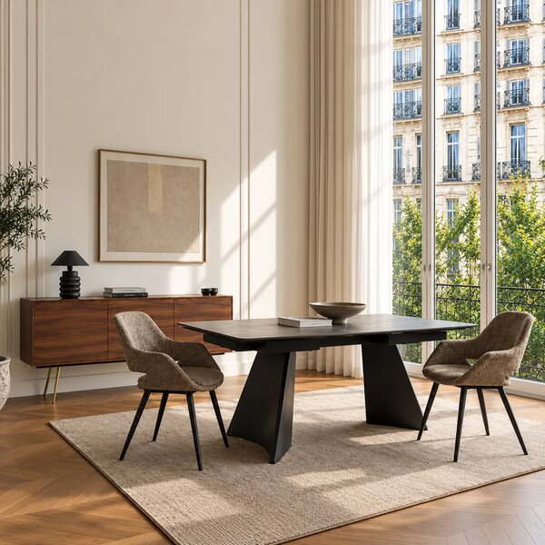 Masă ceramică Corten extensibilă, picior negru, 180 cm/90 cm