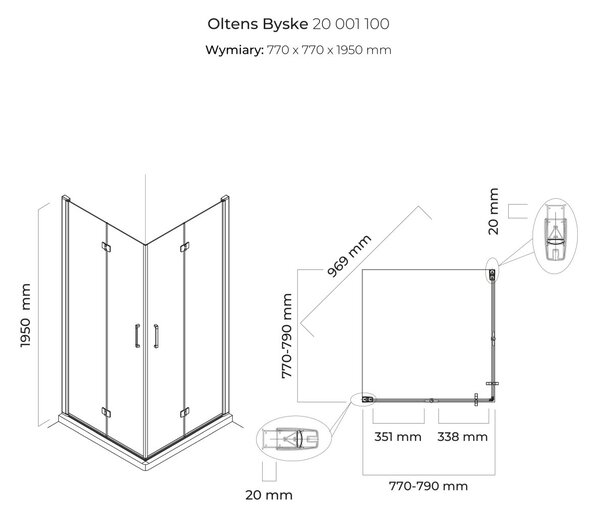 Oltens Byske cabină de duș 80x80 cm pătrat crom luciu/sticlă transparentă 20001100