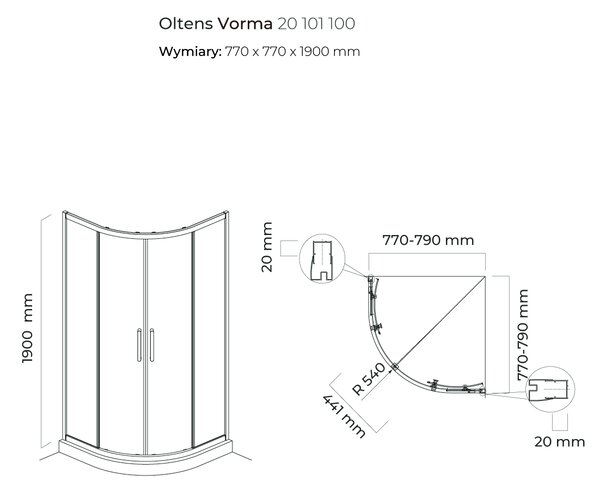 Oltens Vorma cabină de duș 80x80 cm semicircular crom luciu/sticlă transparentă 20101100