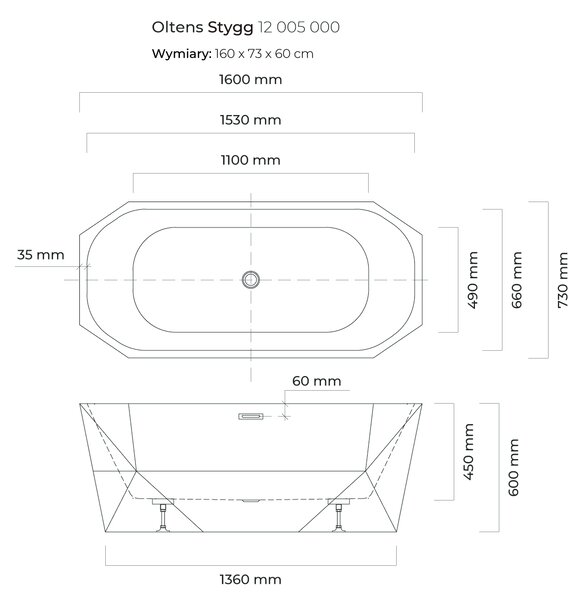 Oltens Stygg cadă freestanding 160x73 cm ovală alb 12005000