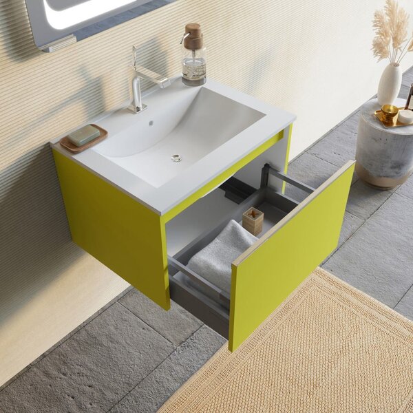 Mobilier Baie, 60 Cm, Verde Olive Mat Cu Lavoar Din Ceramică și Oglindă | Monaco