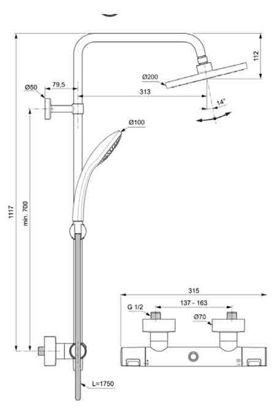 Coloană de duș cu baterie termostatată Ideal Standard Ceratherm T25, negru mat