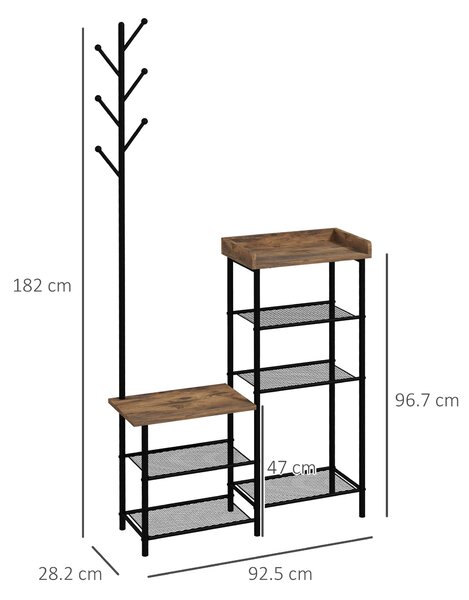 Cuier pentru Haine de Podea cu 6 Carlige HOMCOM, PAL si Otel cu Dulap de Pantofi cu Rafturi, 92.5x28.2x182cm, Maro | Aosom Romania