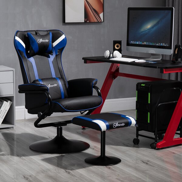 Vinsetto Scaun Gaming Ergonomic cu Taburet Suport Picioare Înclinare 130° Suport Lombar Negru și Albastru | Aosom Romania