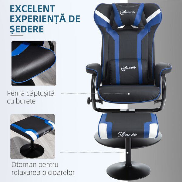 Vinsetto Scaun Gaming Ergonomic cu Taburet Suport Picioare Înclinare 130° Suport Lombar Negru și Albastru | Aosom Romania