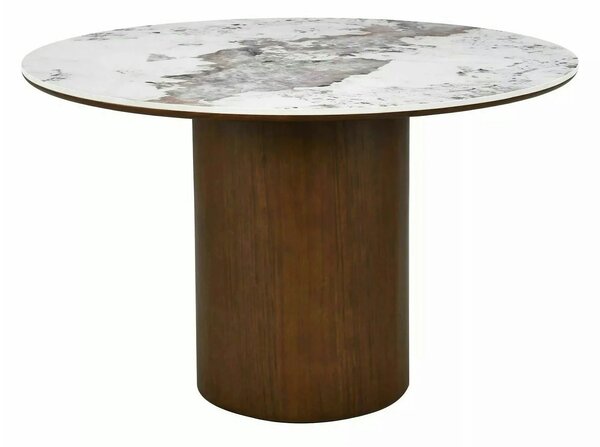 Masă RONDO, alb lucios/nuc, ceramică/furnir/MDF, Ø120x76 cm