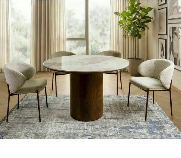 Masă RONDO, alb lucios/nuc, ceramică/furnir/MDF, Ø120x76 cm