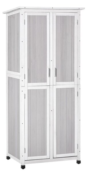 Outsunny Magazie Unelte Lemn Brad 3 Niveluri, Acoperiș Bitum Impermeabil, Cu Cârlige, 77x58x175cm, Gri | Aosom Romania
