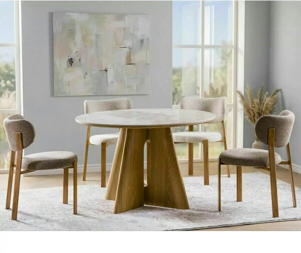 Masă ALZANO, alb lucios/stejar, ceramică/furnir/MDF, Ø120x77 cm