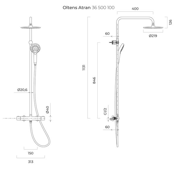 Oltens Atran set de duș perete cu termostat cu duș de ploaie crom 36500100