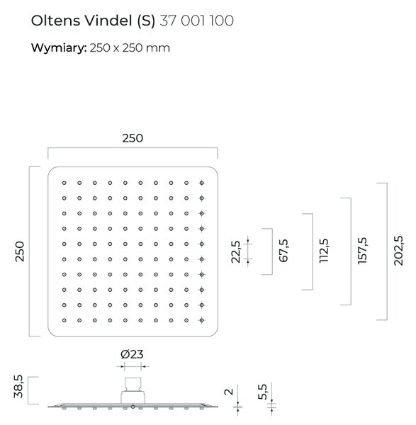 Oltens Vindel cap de duș 25x25 cm pătrat crom 37001100