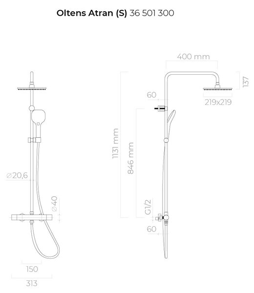 Oltens Atran set de duș perete cu termostat cu duș de ploaie crom 36501100