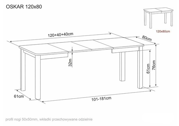 Masă extensibilă OSKAR, stejar cremona/cașmir, PAL laminat/MDF, 120–20
