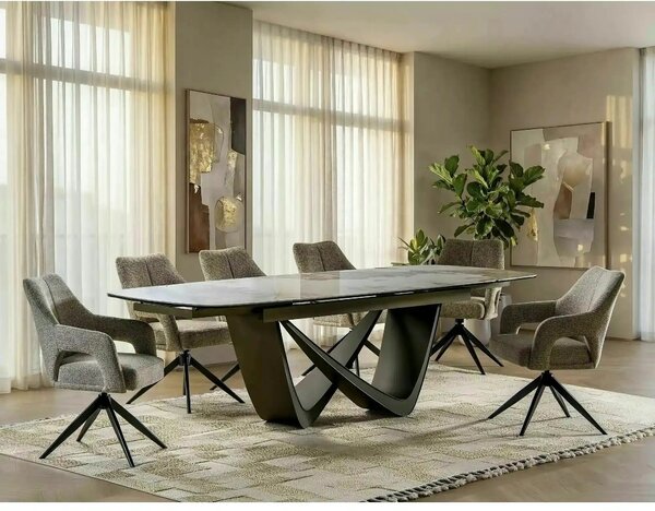 Masă extensibilă MARANELLO, alb/cupru, sticlă securizată/ceramică/meta