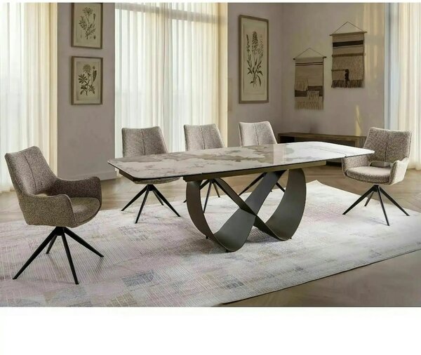 Masă extensibilă INFINITY, alb lucios/cupru, sticlă securizată/ceramic