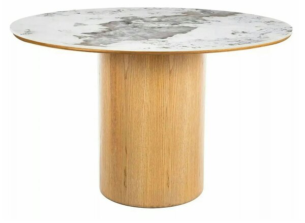 Masă RONDO, alb lucios/stejar, ceramică/furnir/MDF, Ø120x76 cm