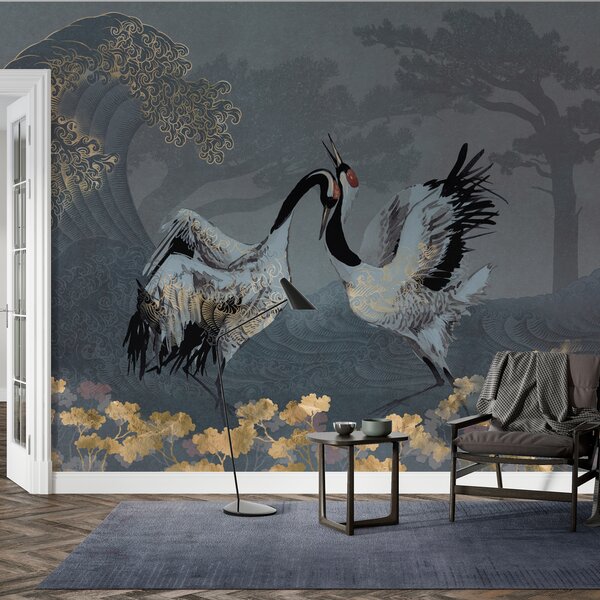 Tapet Macarale, copaci și valuri cu elemente în stil chinezesc, Fototapet Animale, Fototapet Păsări, w02747 : Uwalls.ro