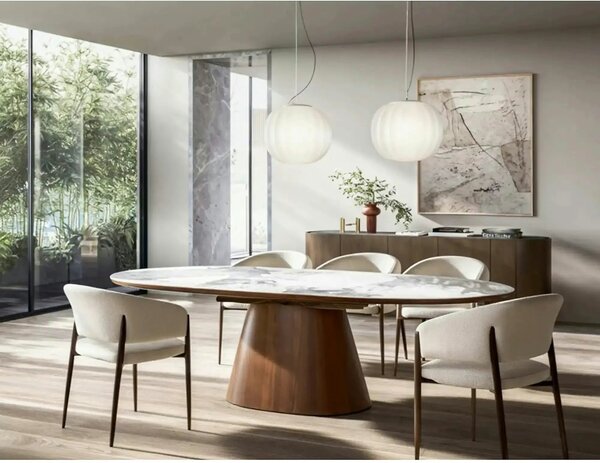 Masă extensibilă MAROCCO, alb/nuc, ceramică/furnir/MDF, 160–200x90x75
