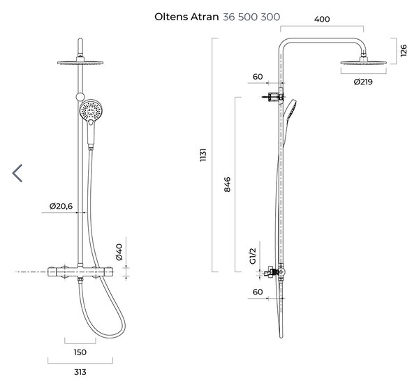Oltens Atran set de duș perete cu termostat cu duș de ploaie negru mat 36500300