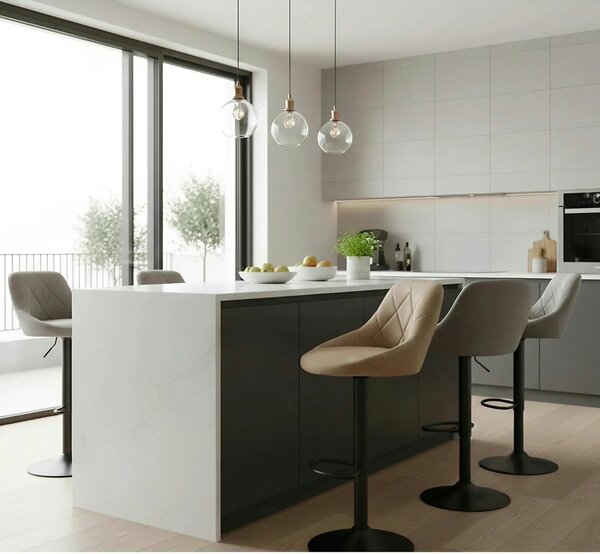 Scaun de bar rotativ H101, bej/negru, stofa catifelata/metal, 47x45x84