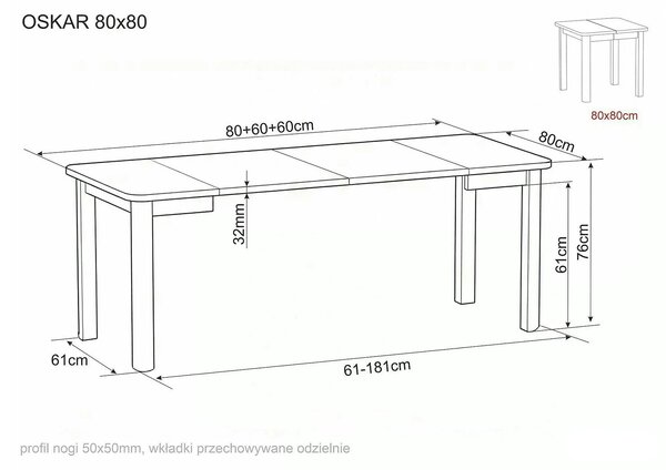 Masă extensibilă OSKAR, stejar artizanal/negru, PAL laminat/MDF, 80–20
