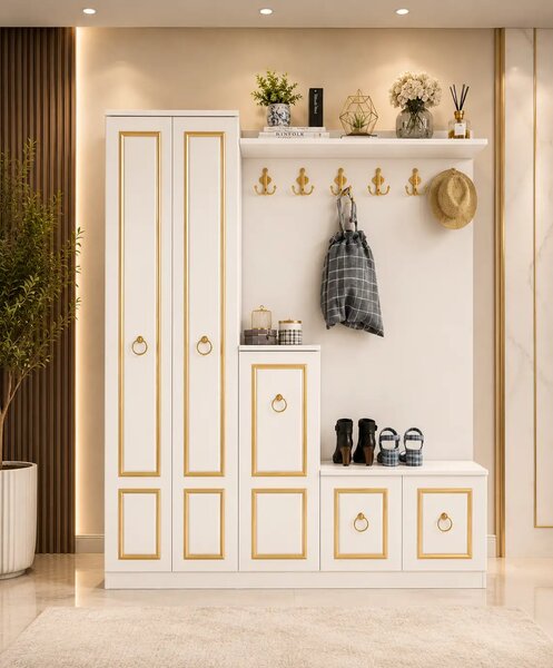 Cuier hol cu pantofar alb-auriu, Vera Homs 183x35x150 cm 