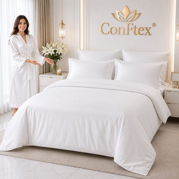 Lenjerie de Pat Damasc Hotelier 100% Bumbac pentru 2 Persoane – Alb