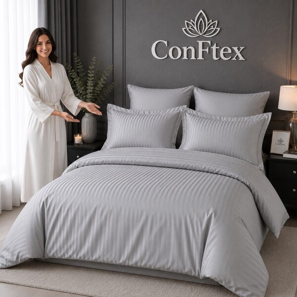 Lenjerie de Pat Damasc Hotelier 100% Bumbac pentru 2 Persoane – Gri