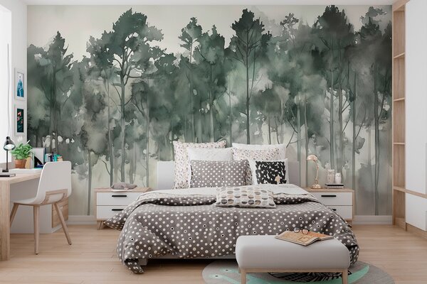 Tapet Pădure în stil acuarelă, copaci de pin, peisaj natural, culori verzi, Fototapet Natură, w02937 : Uwalls.ro
