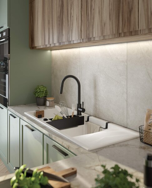 Deante Magnetic, chiuvetă din granit cu 2 camere cu scurgere 1160x500x224 mm, alb, DEA-ZRM_A213