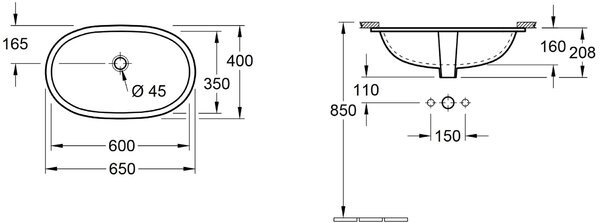 Villeroy & Boch O.Novo lavoar 60x35 cm ovale sub blat alb luciu 41626001