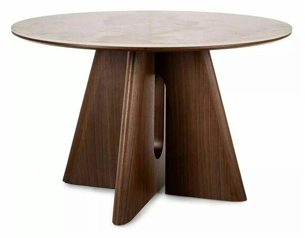 Masă ALZANO, alb lucios/nuc, ceramică/furnir/MDF, Ø120x77 cm