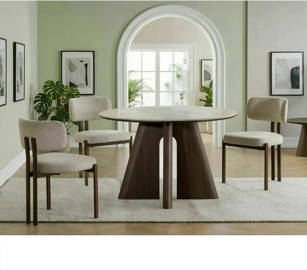 Masă ALZANO, alb lucios/nuc, ceramică/furnir/MDF, Ø120x77 cm